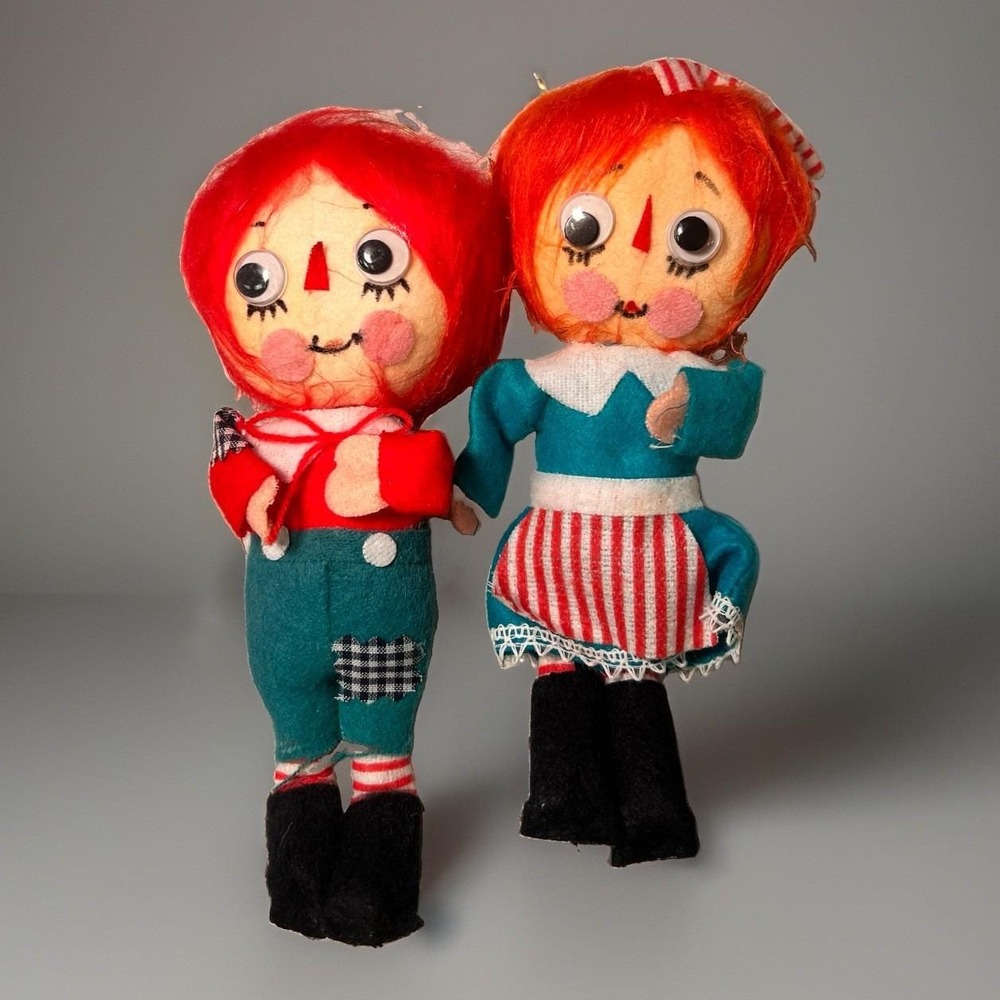 Vtg 1960s Mid-Century Felt Rag Doll Christmas Ornament Pair Japan Style Folk Art